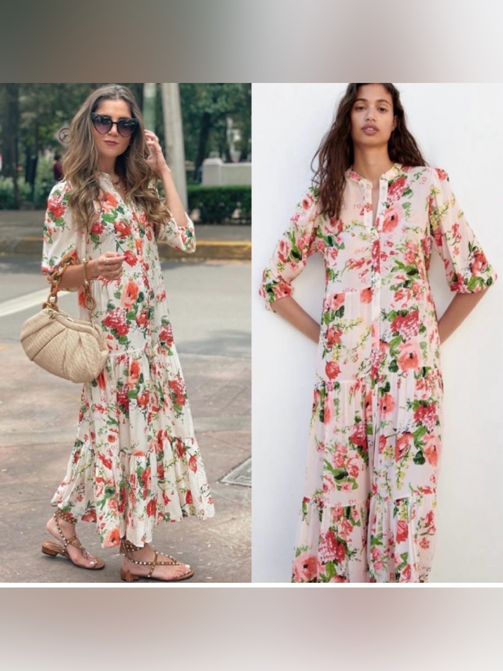 zara bloggers favourite Floral Tiered Midi Dress in Cream and Coral